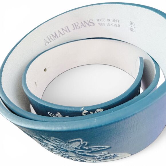 vintage armani jeans belt blue leather floral wave embossed made italy aj buckle